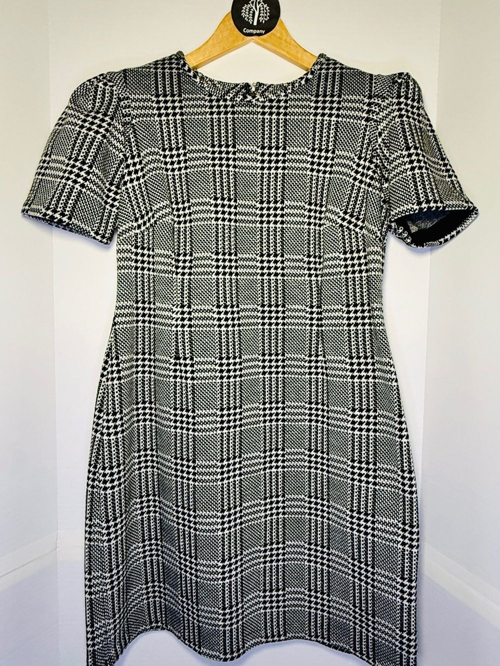 Calvin Klein Black & White Plaid Houndstooth Cap Sleeve Tailored Dress